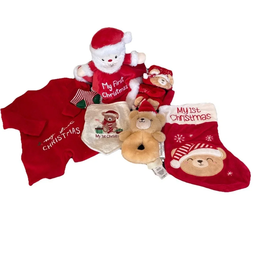Baby's 1st Christmas Gift Basket Stocking Outfit Booties Bib Socks Lovey Rattle
